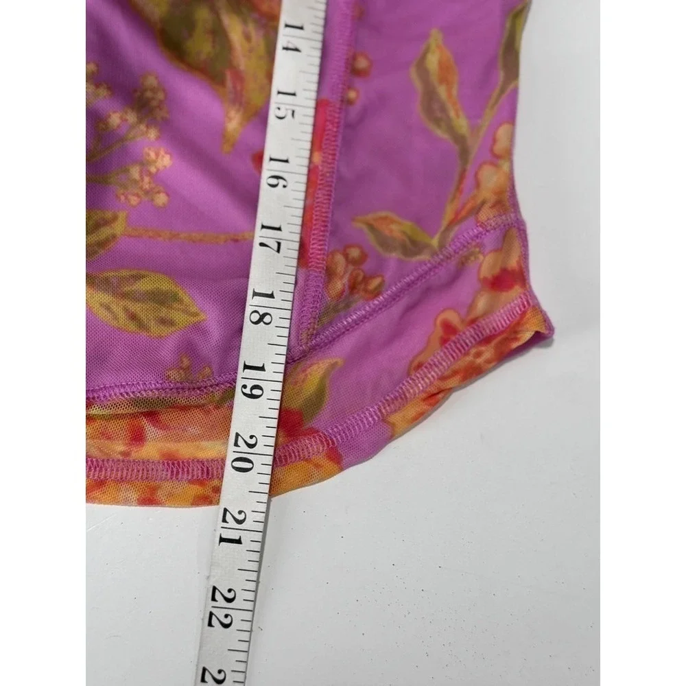 Free People Top Floral Mesh Long Sleeve Pink Orange Sheer Stretch S Fairy Boho
